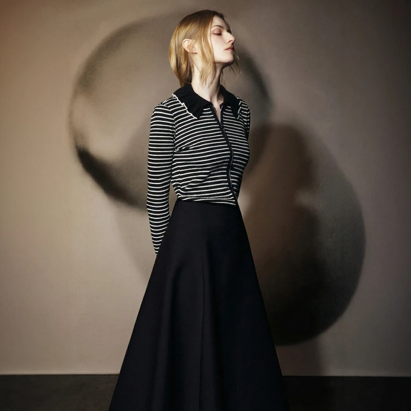  Personality 26 Spring Autumn Versatile Wooden  Collar Stripe Drawstring Knitted Open Cardigan Inner Wear Single Item