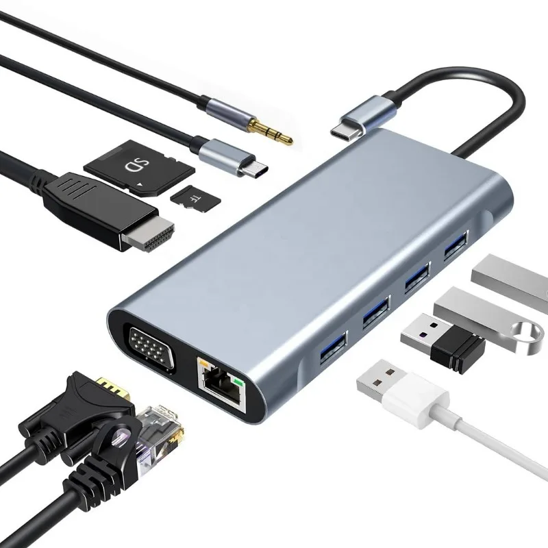 11-in-1 USB C Docking Station Dual HDMI-compatib 4K 100Mbps Gigabit Ethernet 100W PD Charging USB 3.0 Hub VGA SD/TF Card Reader
