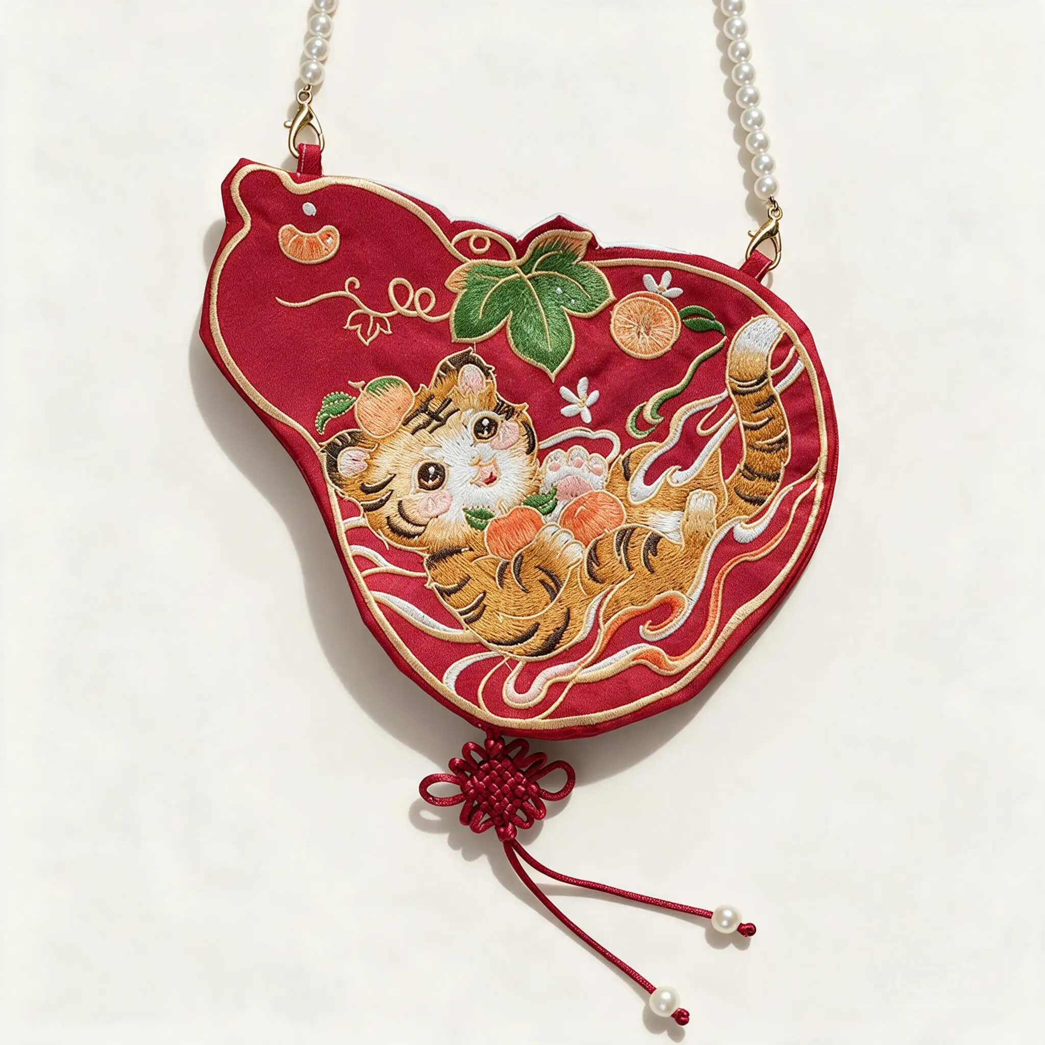 Chinese Style Double Sided Embroidered Cute Tiger Crossbody Bag Pearl Strap Hanfu Accessory Cell Phone Purse For Women Daily Use