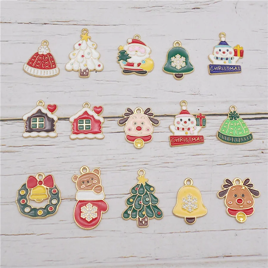 6-30PCS Christmas Charms Gold Color Tone Enamel Santa Deer Hat Tree Bell House Snowman Bracelet Pendant Jewelry Accessory