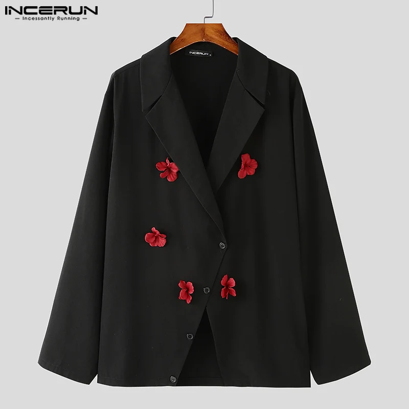 Fashion Casual Style Tops INCERUN New Men Floral Decoration Design Solid Suit Coats Handsome Male Loose Long Sleeved Blazer 2024