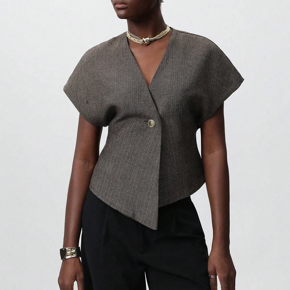 

Mia Muse Shirts Summer Comfortable Basics Fashion Plain Minimalism Asymmetrical Short Sleeve V-Neck Daily Shirts For Women