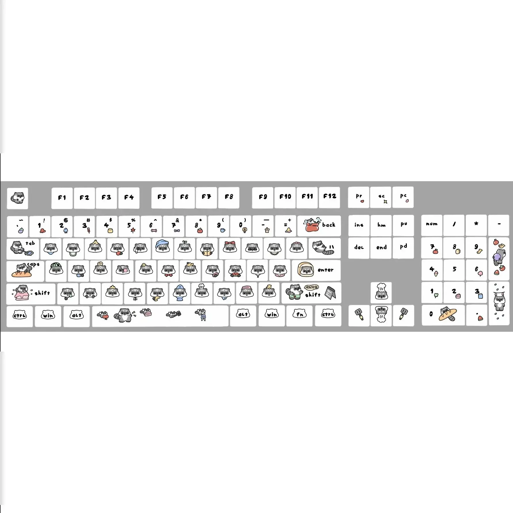 Teclado de mapache con sublimación térmica, Pbt, dibujos animados simples, 139 teclas, regalos para teclado de oficina