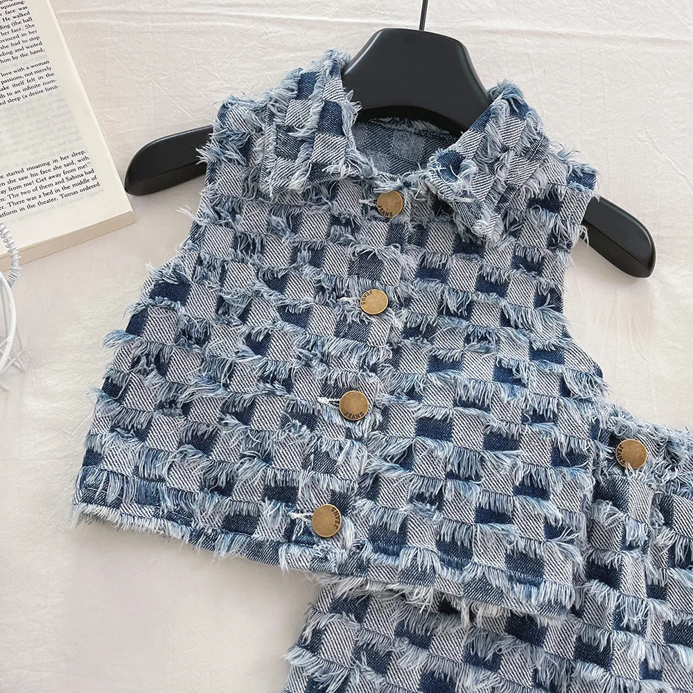 Girls Set Spring Summer Item Korean Version with Rough Edges and Checkerboard Pattern Denim Vest Skirt Set Fashion Casual