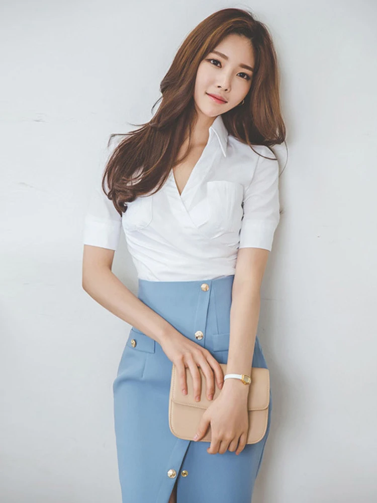 Elegant Korean Formal 2 Pieces Outfits Women White Short Sleeve Tops Shirt Blue Slit Skirt Sets Lady Work Style Business Clothes