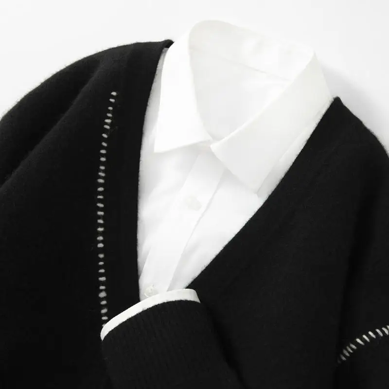 100% سترة من الصوف الخالص الخامس الرقبة زر أسفل سترة الأعمال عادية الخريف والشتاء سترة صوف سميكة محبوك قاع قميص #5