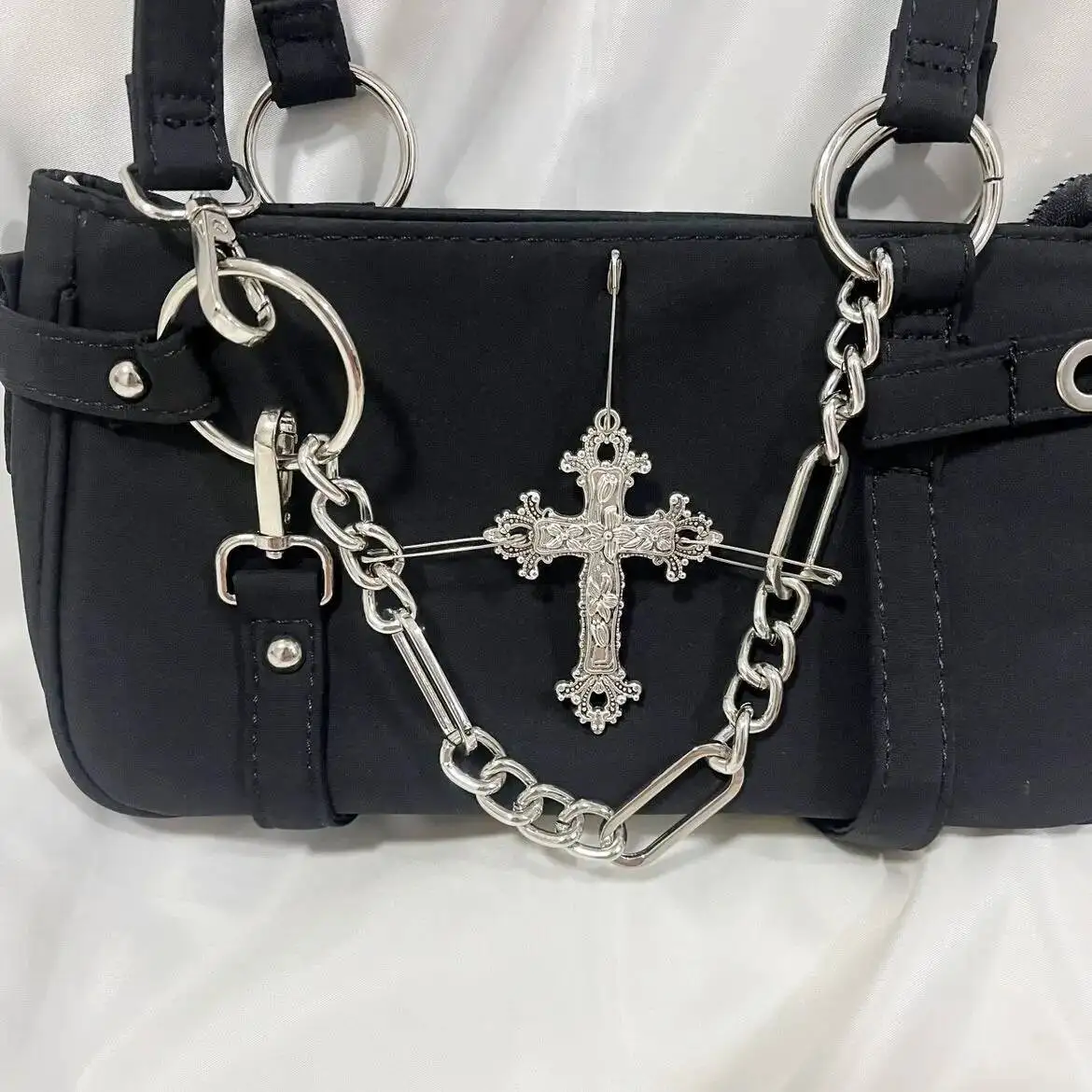 Bloom Gothic Cross Y2k Women Vintage Grunge Punk Chain Casual Shoulder Bag Female Retro Moto Biker Black Handbag Aesthetic