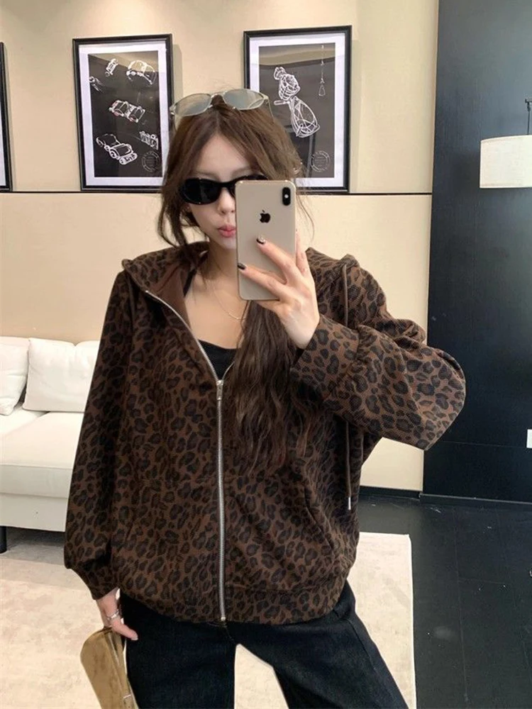 女性 Y2K ヒョウパーカーストリートルーズ原宿レトロスウェットシャツヒップホップ秋アメリカンヴィンテージ女性長袖トップス新しい
