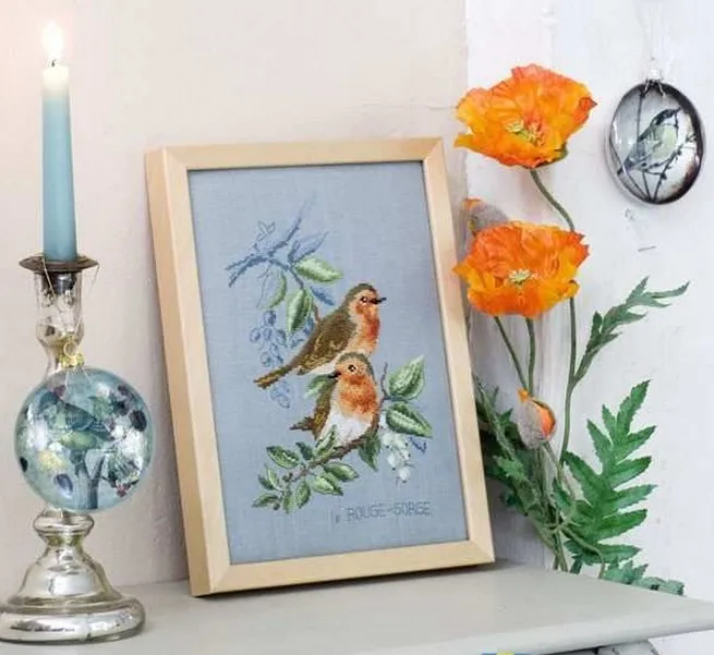 

Beautiful Counted Cross Stitch Kit, Sky Blue, Etude Au Rouge Gorge, Two Robbin Birds