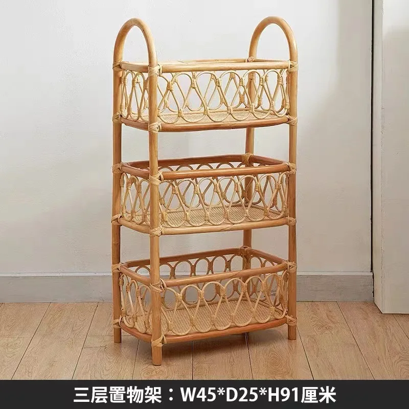 Nordic rattan weaving shelves ins multi-layer floor shelves B&Bs small apartment natural real rattan bookshelves movable storage