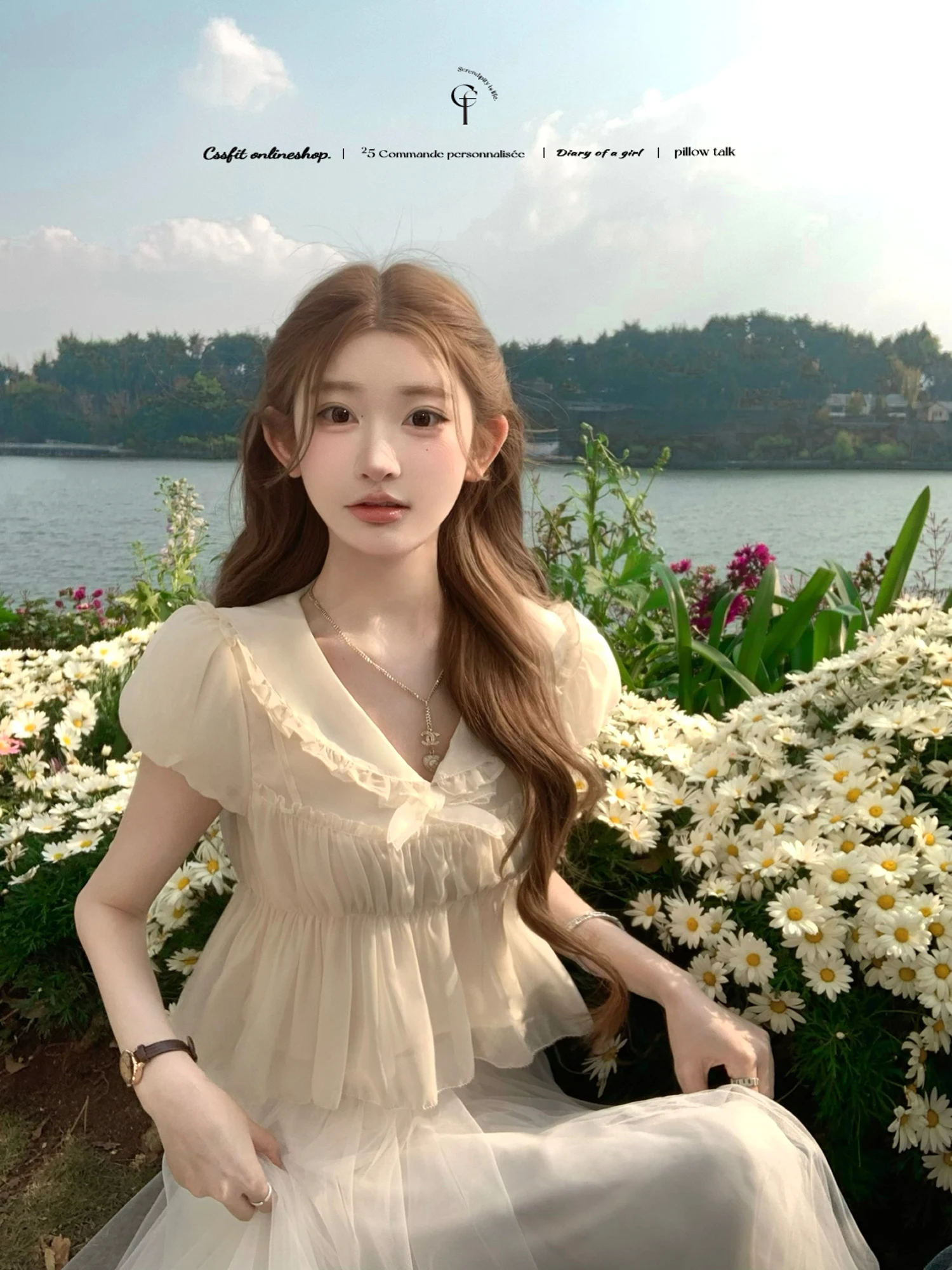 

Женская блузка Chil Sung 26ss Evening Tea Break из нежной мягкой ткани с узлами и французскими рукавами прямого кроя