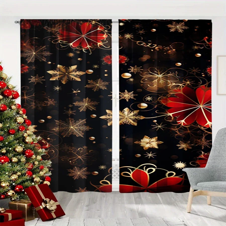 2PCS Christmas Winter Curtains, Black Gold Snowflake Poinsettia Bokeh Luxury, Digital Print, Bedroom Living Room, Home Decor