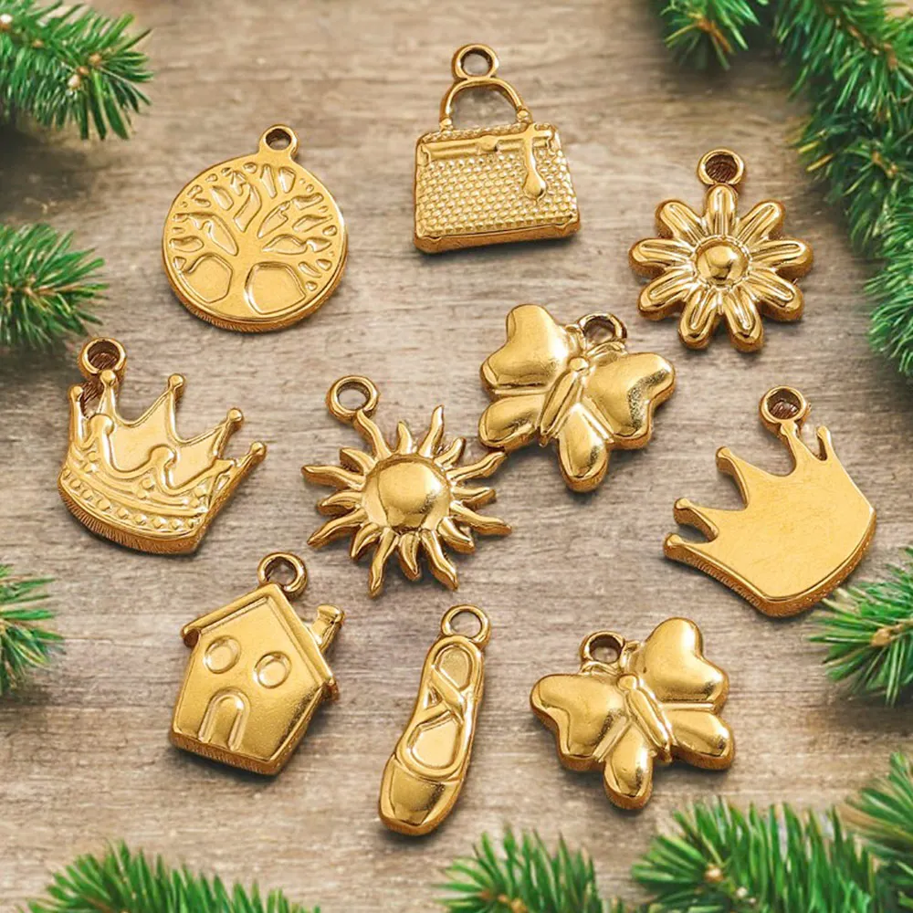 10pcs Stainless Steel Cute Small Charm Crown House Flower Gold-plated DIY Necklace Bracelet Jewelry Making Accessories Wholesale