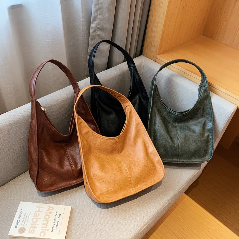 

Vintage Simplicity Pure Color Casual Shoulder Hobos Retro Patent Leather Unique Designer Totes for Women High Capacity Bags