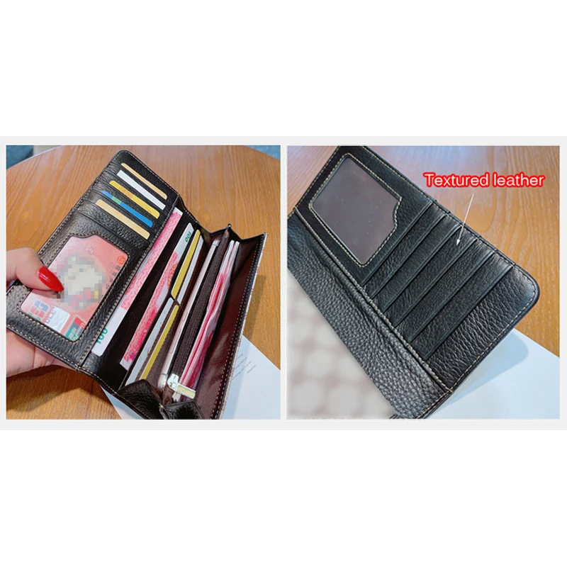 Long Genuine Leather Women Wallets Two-toned Cowhide Phone Purse High Capacity Houndstooth Clutch Bag Branded Style Billfold