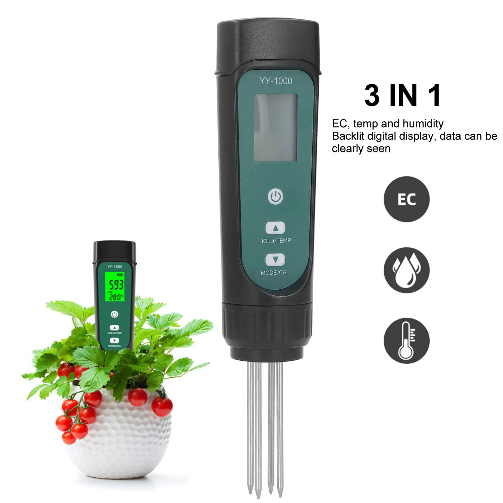 Tester del suolo 3 in 1 con sonda staccabile-alta precisione, resistente alla ruggine, dati chiari per giardinaggio domestico e agricoltura