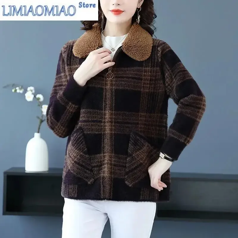New Autumn Winter Short Thick Mother Coat Plaid Fur Collar Jacket Imitation Mink Fleece Middle Old Age Women's Flip Collar Coat