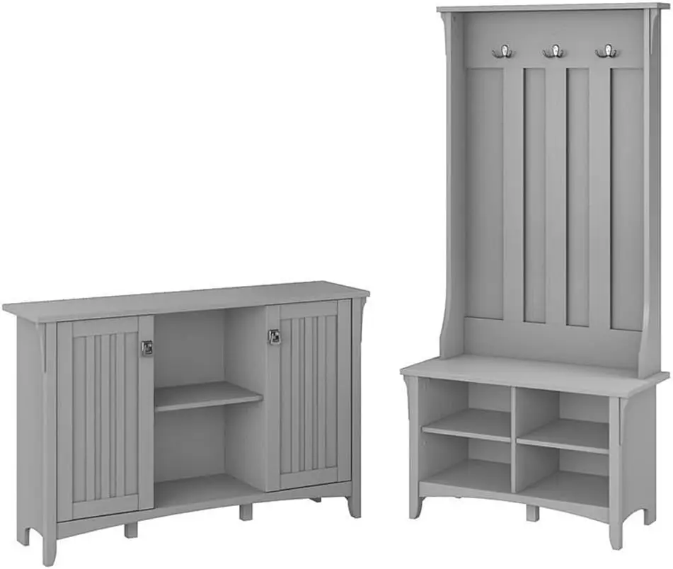 Salinas Entryway Storage Set with Hall Tree, Shoe Bench and Accent Cabinet in Cape Cod Gray