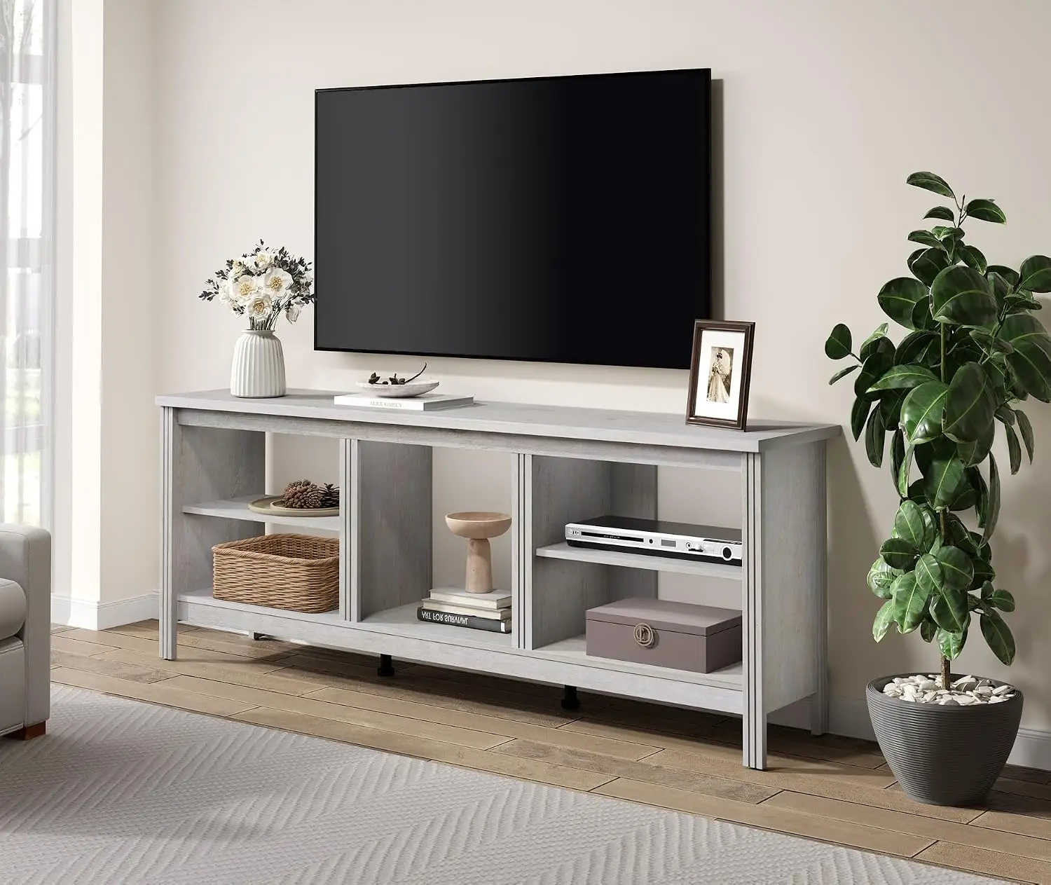 Farmhouse TV Stand Entertainment Center Console Table 5 Cubby Storages Living Room Bedroom 70 Inch White, Customized