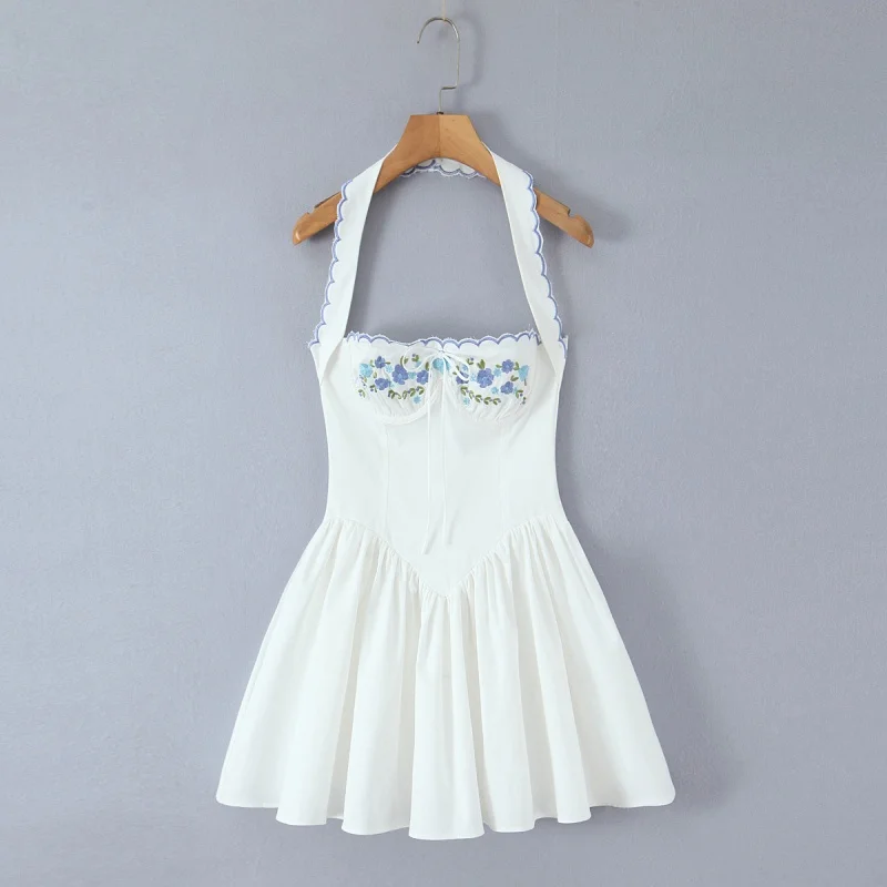 Zoete Vintage ort Dr geborduurde hangende ne taille in blauwe bloemen A-lijn rok voor dames Andere Sle Summer Dr