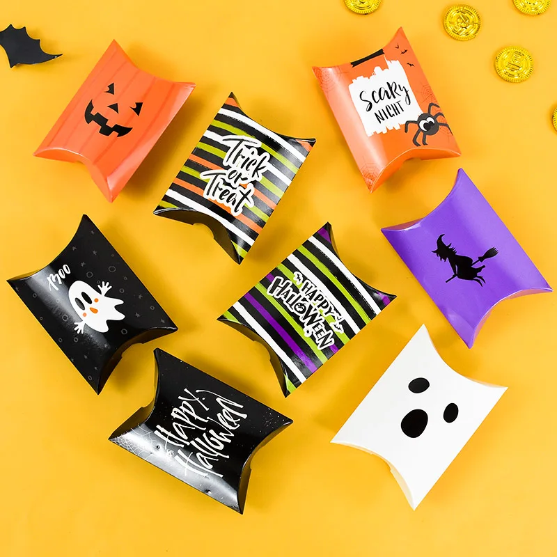 10pcs Halloween Candy Box Pillow Shape Pumpkin Ghost Spider Biscuit Snack Gift Packaging Box Trick or Treat Halloween Decoration