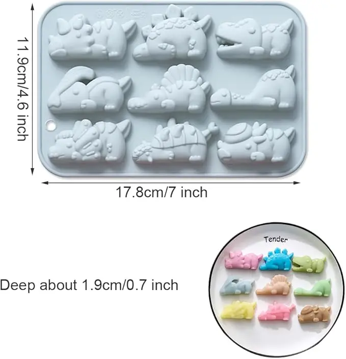 Cute Dinosaur Silicone Mould 9 Holes 3D Dinosaur Theme DIY Fondant Cake Chocolate Mold Ice Cube Cake Mould Baking Accessories