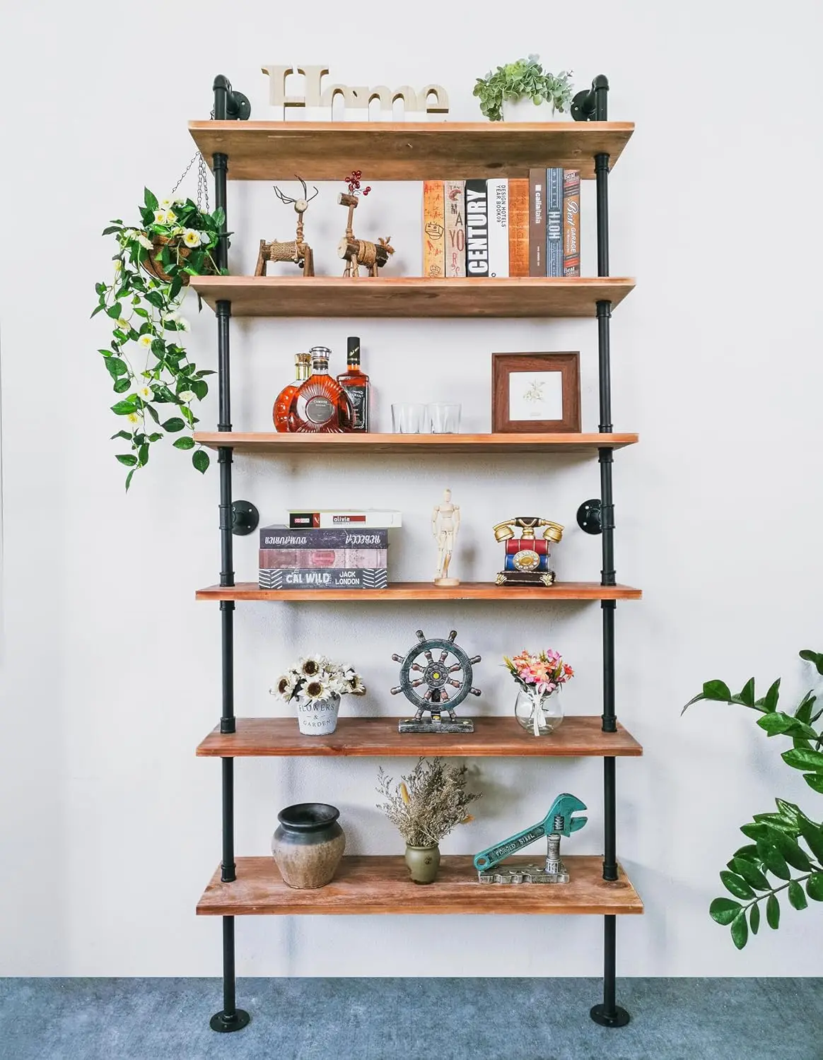 

6 Tier Industrial Ladder Pipe Shelf Bookcase, Rustic Wall Mounted Pipe Bookshelves for Decor and Storage