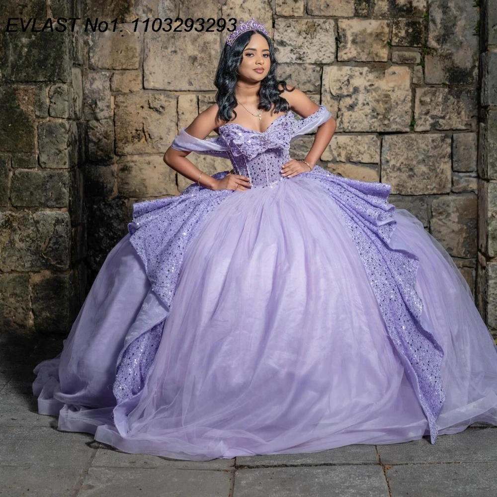 

EVLAST Customized Shiny Lavender Quinceanera Dress Ball Gown Sequins Applique Beading Bow Sweet 16 Vestidos De 15 Anos E1QN512