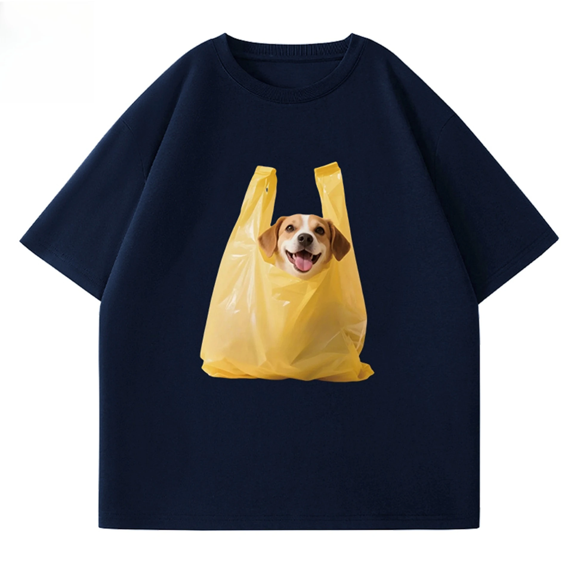 Cute Dog In Yellow Plastic Bag Graphic T Shirt Unisex Oversized Cotton Tee Funny Pet Animal Print Short Sleeve Streetwear Tshirt