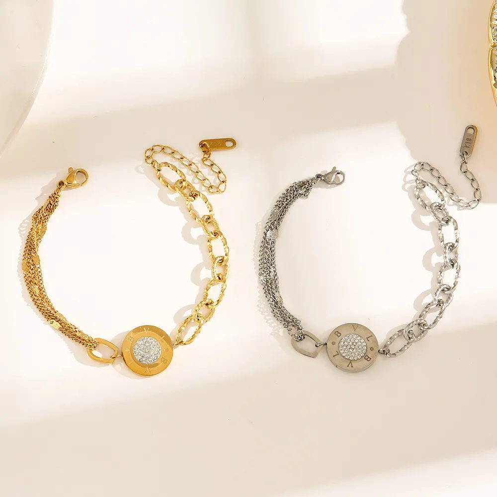 

Letter stainless steel bracelet, fashionable wristband, Roman round plate, high-end and light luxury, round set with diamonds