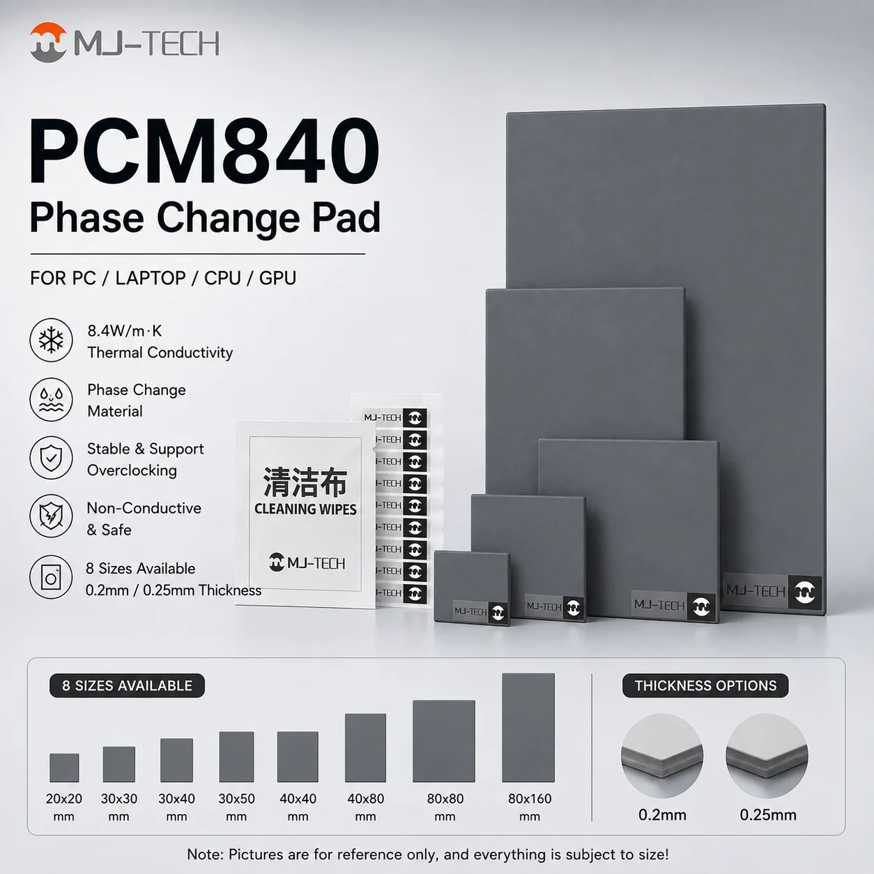 MJ-TECH PCM840 Phase Change Thermal Pad 8.4W/mK Thermal Grease Pad for CPU GPU Laptop PC Cooling 45°C 0.2/0.25mm