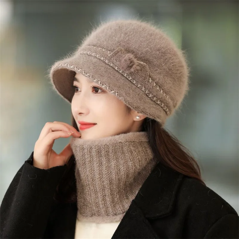 Rabbit Wool Knit Hats Women Warm Brand Winter Beanies Caps Lady Siamese Bib Hat Female Hair Windproof Plus Velvet Cap 2022