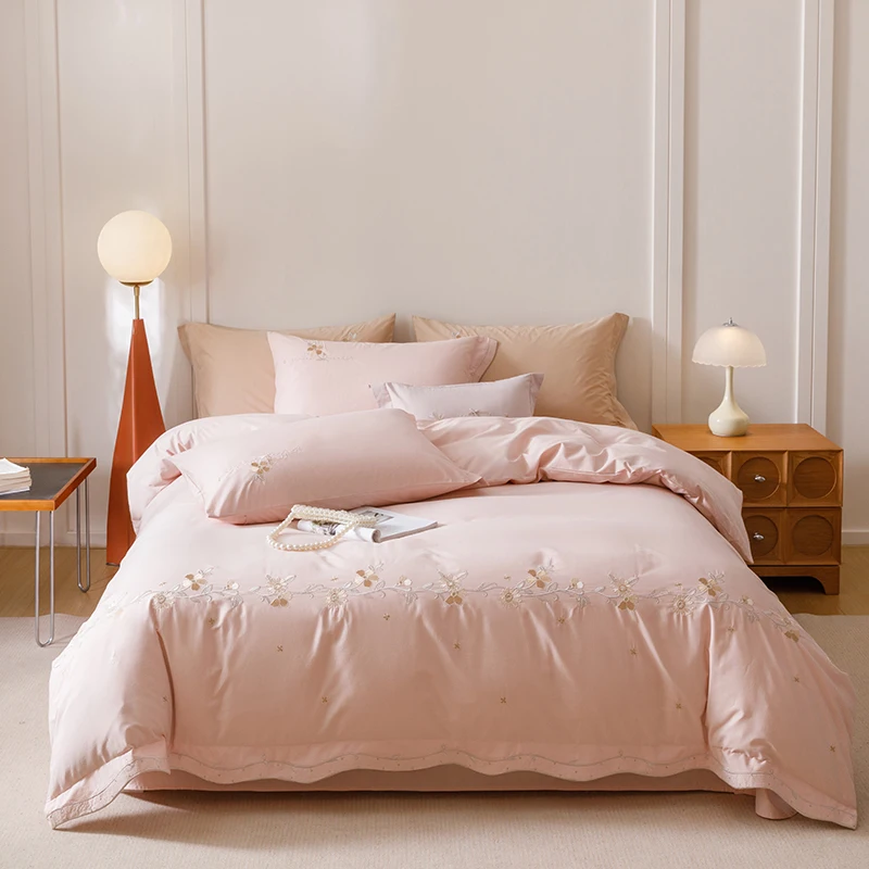 100% Cotton Flowers Embroidery Pink Bedding Set Double Queen King Size Washed Cotton Duvet Cover Set Bed Sheet Set Pillowcases