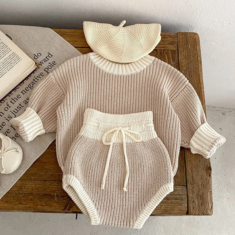 

Autumn Winter Toddler Baby Girl Knitting Clothes Suit Long Sleeved Pullover+Shorts Children Knitted Clothes Set Korean Style