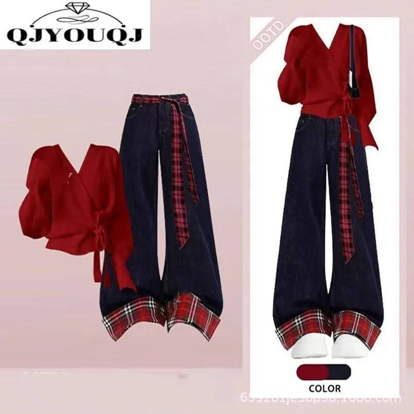 

Корейская красная трикотажная рубашка, клетчатый комплект с широкими брюками для женщин, осенне-зимний модный повседневный женский комплект