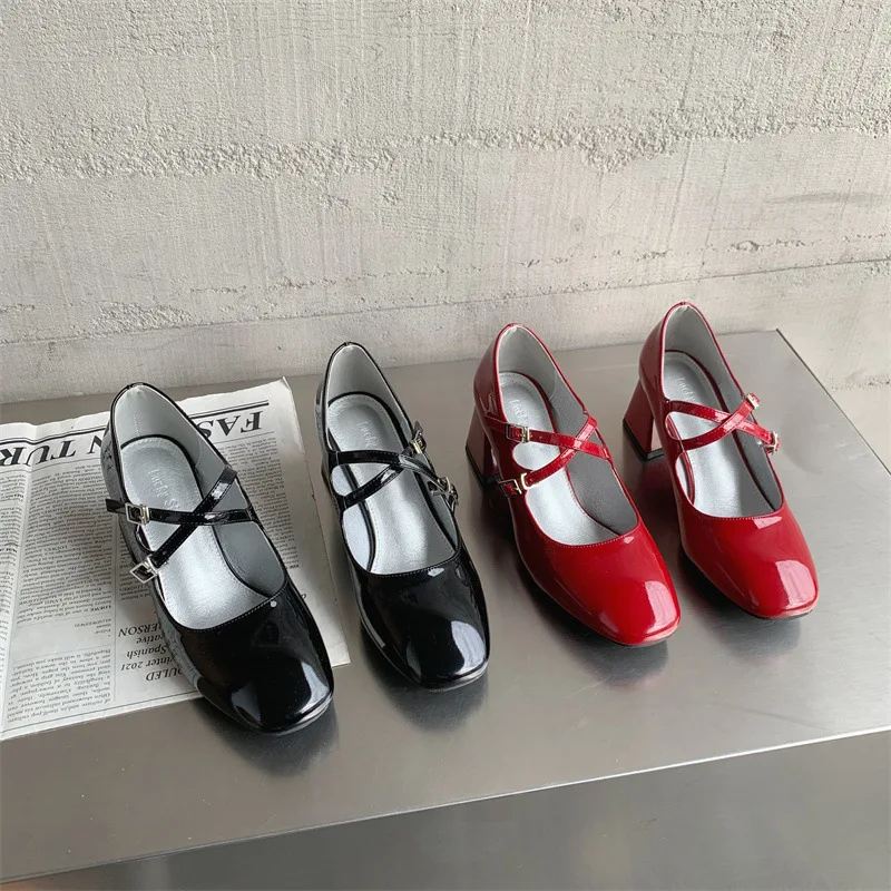 2022 new fashion red wedding shoes square toe buckle thick heel women\'s shoes high heels spring and autumn shoes 33-46