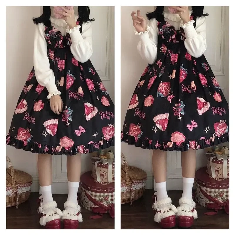 Vestido Lolita sin mangas para mujer, vestido Kawaii japonés, fresa, Jsk, tirantes, Cosplay