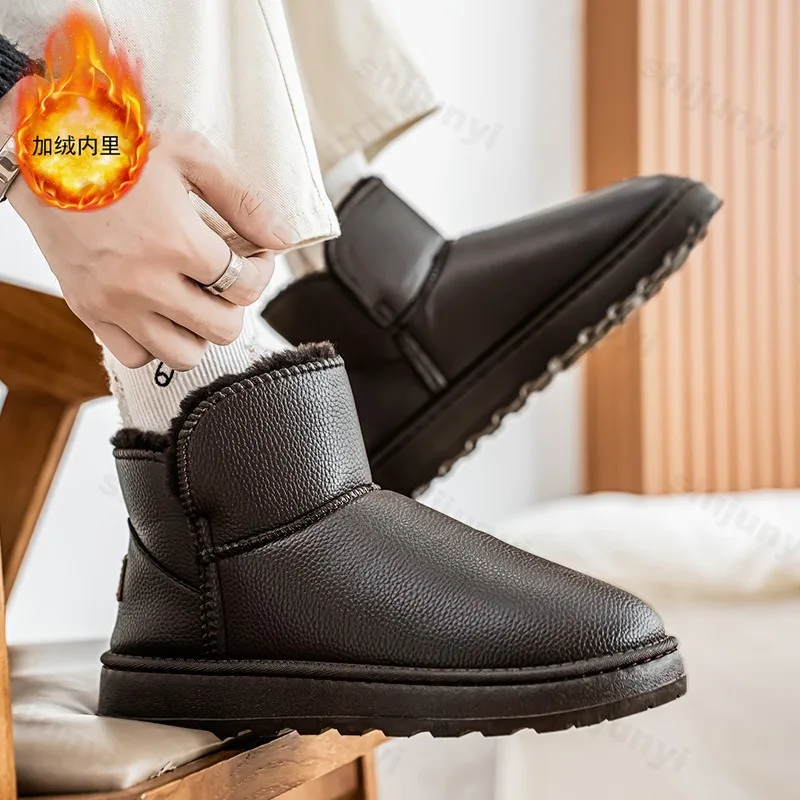

Лаконичные однотонные теплые толстые бархатные зимние ботинки для мужчин, зима 2025 года, универсальные плюшевые удобные нескользящие короткие хлопковые ботинки на массивном каблуке