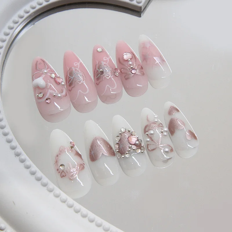 24 piezas uñas postizas dulces desmontables con moños, corazones y perlas, almendra rosa coreana 3