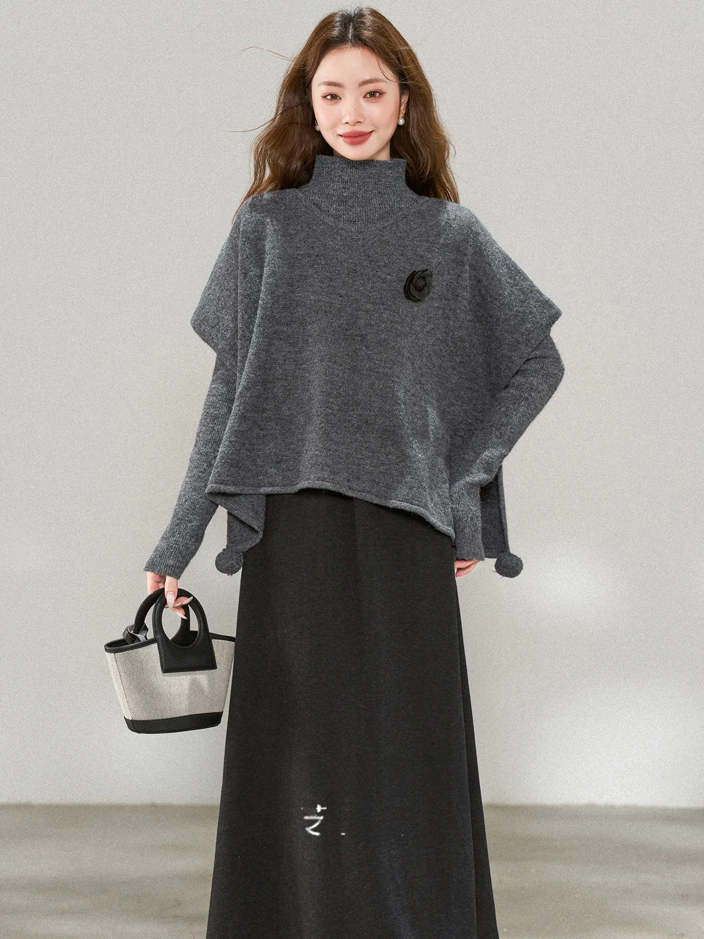 

Korean Sle Lazy Faion Knitted Sweater Cape Top And Skirt Set High Collar Long Sve Warm Cozy Winter Outfit for Women