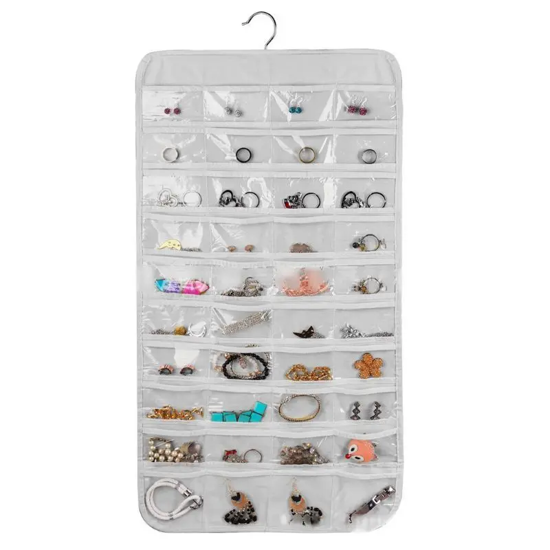 80 Pockets Double Sided Hanging Jewelry Display Foldable Storage Bag HXBA