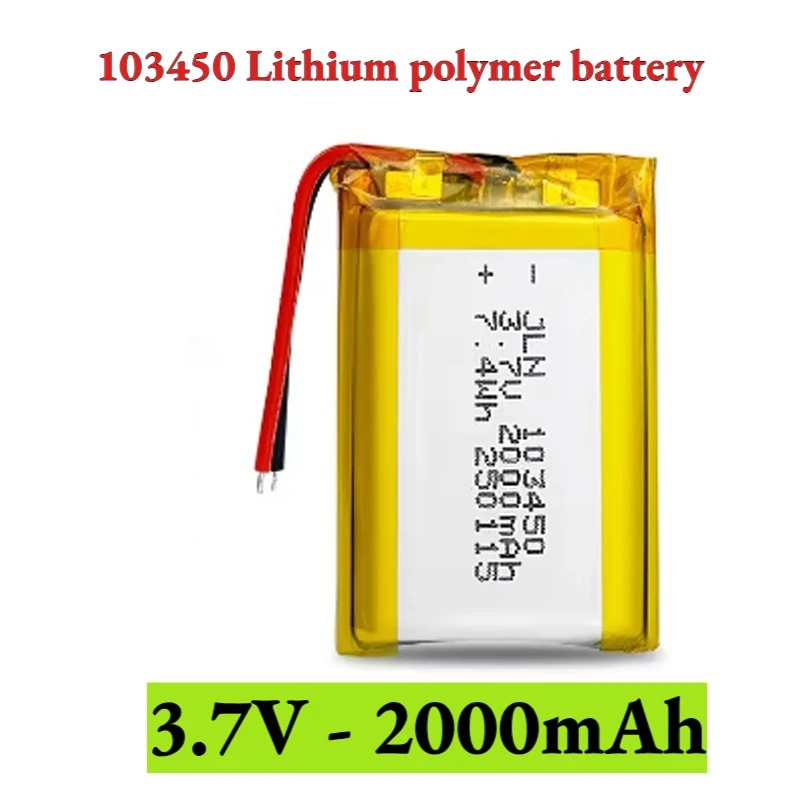 

103450 3.7V 2000mAh Capacity Rechargeable Battery for Bluetooth Recorder Camera Remote PH 2.0mm Plug Polymer Lithium Battery