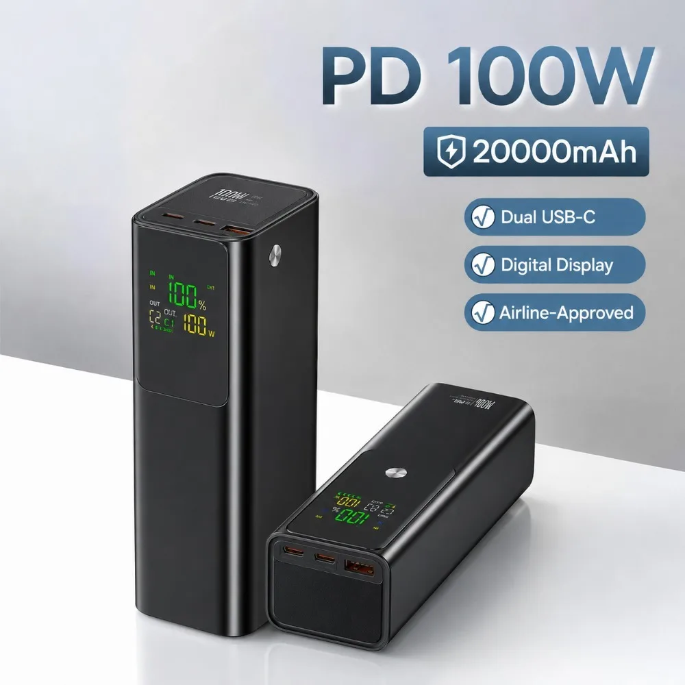 2027 New 100W Power Bank 20000mAh Dual USB C PD100W Fast Charging Digital Display Portable PowerBank for Laptop Samsung iPhone