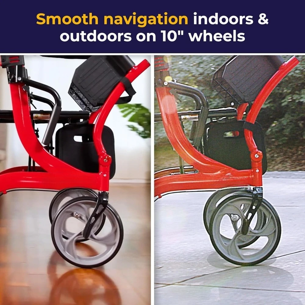 شعبية - مجموعة كراسي متحركة مزدوجة الوظائف ومشاية دوارة مع فرامل يدوية ودعم خلفي، أحمر #4