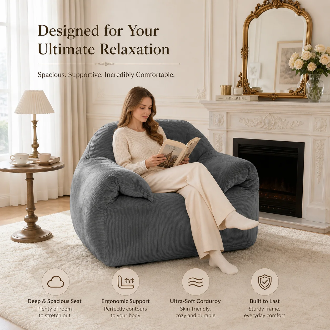 Corduroy Bean Bag Sofa with Armrest, Adult Oversized Foam Filled Lazy Chair, Ergonomic Back Support, Vacuum Packed Lounge Seat for Gaming Reading Living Room Bedroom