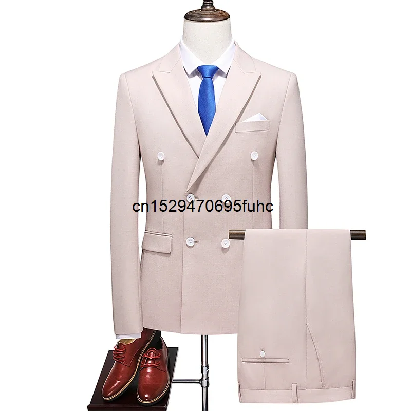 

2023 Fashion New Men's Boutique Business Double Breasted Solid Color Suit Set / Male Slim Wedding 2 Pieces Blazers Jacket Pants