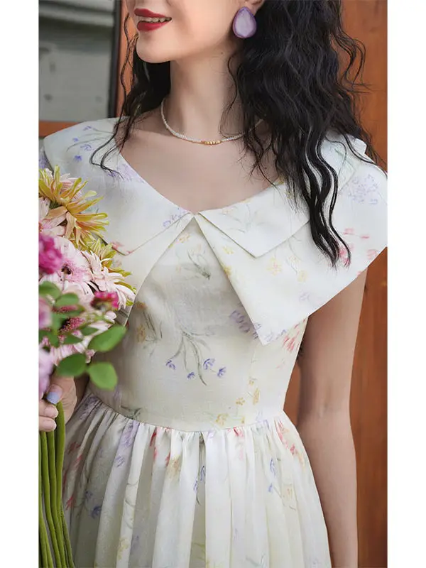86-94cm bustsummer vestido longo feminino vintage elegante fino dupla camada turn-down colarinho floral impressão cintura alta grande balanço vestido