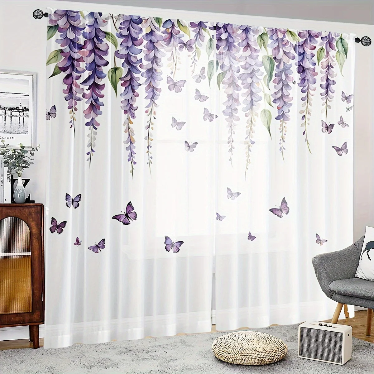 2 Pcs Luxe Sheer Wisteria Floral Curtains – Romantic Art Theme Rod Pocket Design for Bedroom Decor