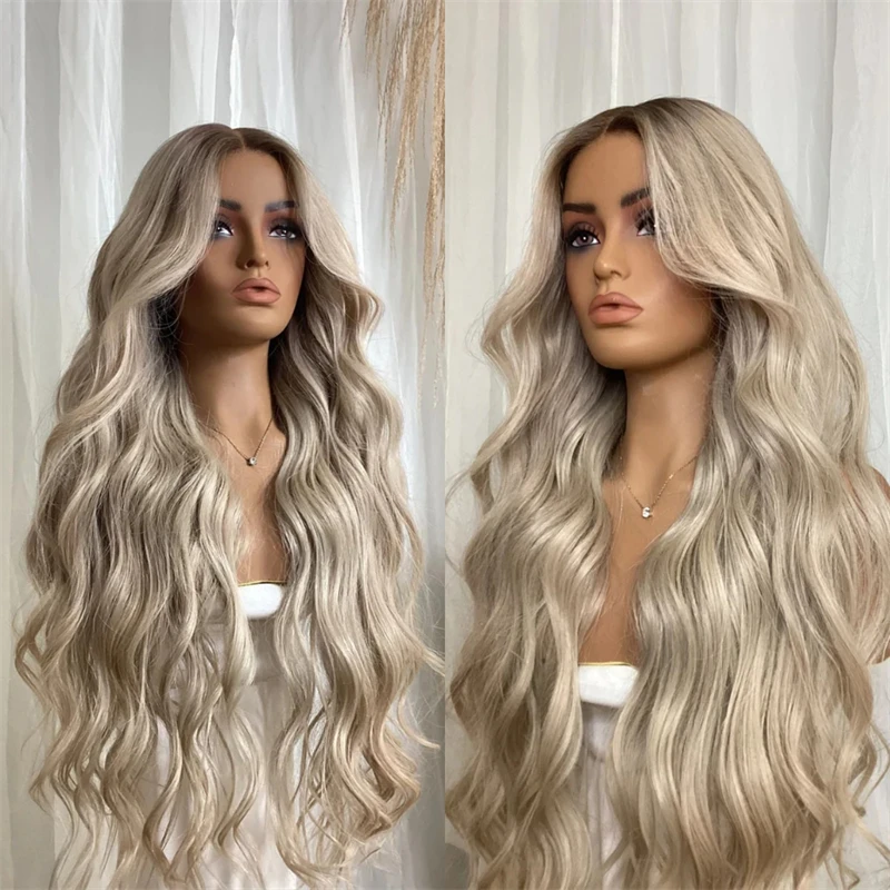32 Inch Super Long Wave Women's Wig Ombre Ash Blonde Synthetic Lace Front Wig Natural Preplucked Hairline Heat Resistant Wig