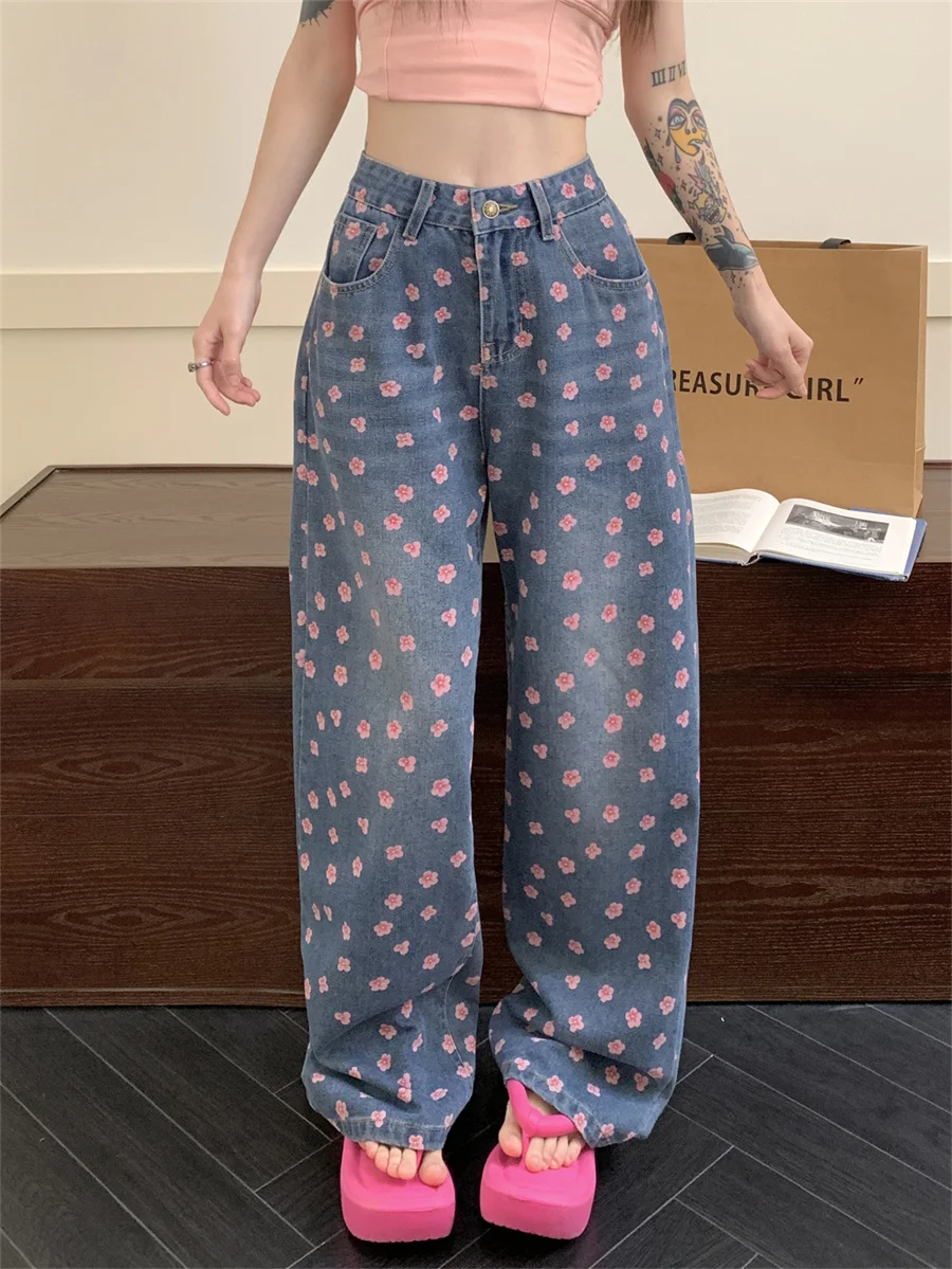 

Slergiri Women's New Floral Y2k Baggy Jeans Streetwear Retro Harajuku High Waist Loose Straight Wide Leg Denim Trousers 2024